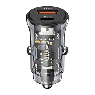 USAMS C32 autós töltő USB+Type-C aljzat 30W, PD gyorstöltő, FEKETE