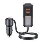 USAMS C40 autós töltő 3 USB+2 Type-C aljzat 165W, LED kijelző + 1.5m hosszabbító, FEKETE