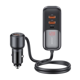USAMS C40 autós töltő 3 USB+2 Type-C aljzat 165W, LED kijelző + 1.5m hosszabbító, FEKETE