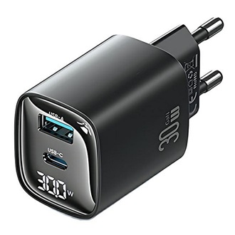 USAMS CC229 hálózati töltő USB+Type-C aljzat 30W, LED kijelző, FEKETE