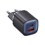 USAMS CC254 hálózati töltő USB+Type-C aljzat 30W, PD gyorstöltő, FEKETE