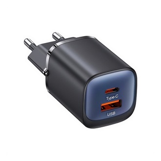 USAMS CC254 hálózati töltő USB+Type-C aljzat 30W, PD gyorstöltő, FEKETE