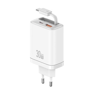 USAMS CC296 hálózati töltő USB+Type-C aljzat (30W, GaN, PD gyorstöltő + fix Type-C kábel) FEHÉR