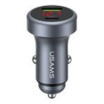 USAMS CC327 autós töltő USB+Type-C aljzat (45W, PD gyorstöltő, LED kijelző) SÖTÉTSZÜRKE