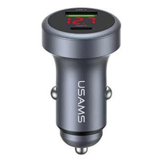 USAMS CC327 autós töltő USB+Type-C aljzat (45W, PD gyorstöltő, LED kijelző) SÖTÉTSZÜRKE