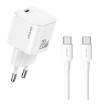USAMS JO hálózati töltő Type-C aljzat 20W, PD gyorstöltő + Type-C kábel, FEHÉR