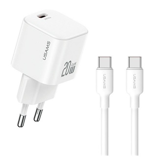 USAMS JO hálózati töltő Type-C aljzat 20W, PD gyorstöltő + Type-C kábel, FEHÉR