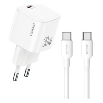 USAMS JO hálózati töltő Type-C aljzat 30W, PD gyorstöltő + Type-C kábel, FEHÉR