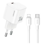 USAMS JO hálózati töltő Type-C aljzat 30W, PD gyorstöltő + lightning kábel, FEHÉR