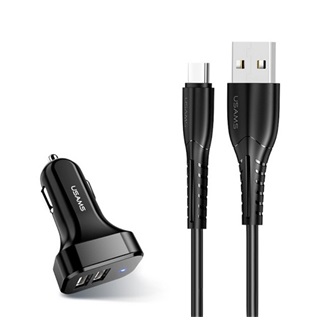USAMS KING-TU autós töltő 2 USB aljzat 10W + Type-C kábel FEKETE