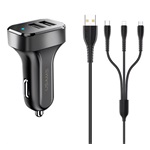 Usams King TU C13 10W univerzális autós töltő adapter fekete (Lightning/microUSB/USB-C kábel)