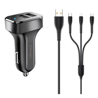 Usams King TU C13 10W univerzális autós töltő adapter fekete (Lightning/microUSB/USB-C kábel)