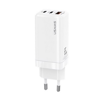 USAMS MT hálózati töltő 2 Type-C+USB aljzat 65W, PD gyorstöltő 3.0, FEHÉR