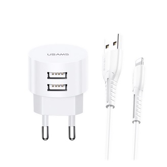 USAMS T20 hálózati töltő 2 USB aljzat 10W, gyorstöltő + lightning kábel, FEHÉR