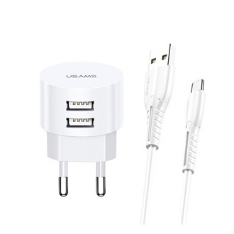 USAMS T20 hálózati töltő 2 USB aljzat 10W, gyorstöltő + microUSB kábel, FEHÉR