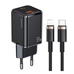 USAMS T43 hálózati töltő USB+Type-C aljzat 33W, PD gyorstöltő 3.0 + lightning kábel, FEKETE