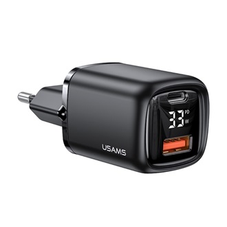 USAMS T46 hálózati töltő USB+Type-C aljzat 33W, LED kijelző, FEKETE