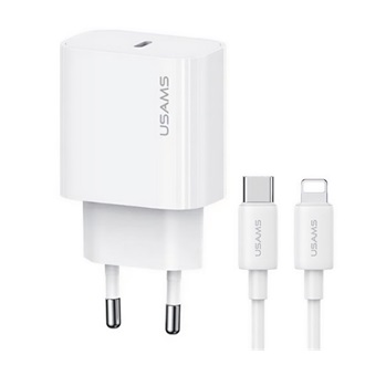 USAMS T65 hálózati töltő Type-C aljzat 20W, PD gyorstöltő + lightning kábel, FEHÉR