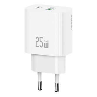 USAMS T65 hálózati töltő USB+Type-C aljzat 25W, PD gyorstöltő, FEHÉR