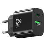USAMS T65 hálózati töltő USB+Type-C aljzat 25W, PD gyorstöltő, FEKETE