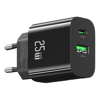 USAMS T65 hálózati töltő USB+Type-C aljzat 25W, PD gyorstöltő, FEKETE