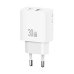 USAMS T65 hálózati töltő USB+Type-C aljzat 30W, PD gyorstöltő, FEHÉR