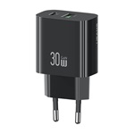 USAMS T65 hálózati töltő USB+Type-C aljzat 30W, PD gyorstöltő, FEKETE