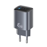 USAMS T66 hálózati töltő USB+Type-C aljzat (45W, GaN, PD gyorstöltő) SÖTÉTSZÜRKE