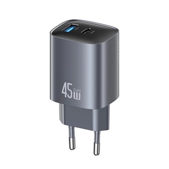 USAMS T66 hálózati töltő USB+Type-C aljzat (45W, GaN, PD gyorstöltő) SÖTÉTSZÜRKE