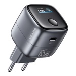 USAMS T75 hálózati töltő Type-C aljzat (65W, GaN, PD gyorstöltő, LED kijelző) SÖTÉTSZÜRKE