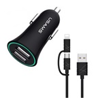 USAMS TRUMPET autós töltő 2 USB aljzat (2.1A, gyorstöltő + Type-C/lightning kábel) FEKETE