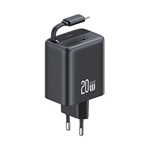 USAMS YC hálózati töltő Type-C aljzat 20W, csévélhető Type-C kábel, FEKETE