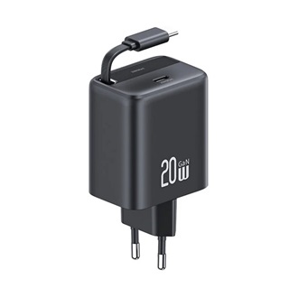 USAMS YC hálózati töltő Type-C aljzat 20W, csévélhető Type-C kábel, FEKETE