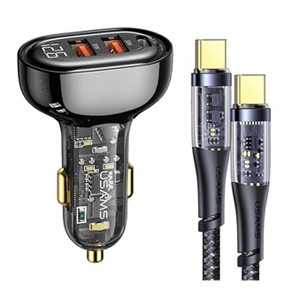 USAMS autós töltő 2 USB+Type-C aljzat 80W, gyorstöltő + Type-C kábel, FEKETE