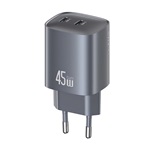 USAMS hálózati töltő 2 Type-C aljzat 45W, PD gyorstöltő 3.0, SÖTÉTSZÜRKE