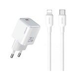 USAMS hálózati töltő Type-C aljzat 20W, PD gyorstöltő 3.0 + Type-C - lightning kábel, FEHÉR