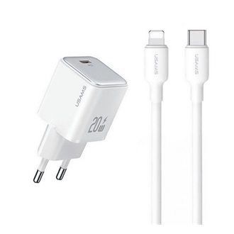 USAMS hálózati töltő Type-C aljzat 20W, PD gyorstöltő 3.0 + Type-C - lightning kábel, FEHÉR