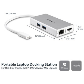 StarTech multiport USB-C / Thunderbolt -> HDMI 1.4 Ethernet 1Gb/s 2db USB-A 3.0 M/F adapter 0.15m ezüst