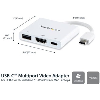 StarTech Multiport USB-C / Thunderbolt -> HDMI 1.4 USB-C USB-A 3.0 M/F adapter 0.1m fehér