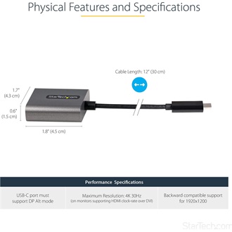 StarTech USB-C / Thunderbolt -> DVI-D M/F adapter 0.3m szürke