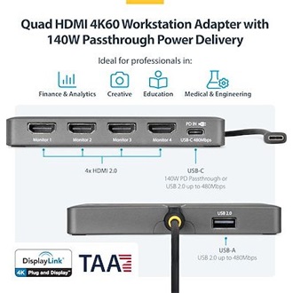 StarTech USB-C -> 4db HDMI 2.0 1db USB-C 1db USB-A 2.0 M/F adapter 0.2m szürke