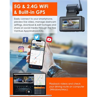 Vantrue Dash Cam - E2 (WiFi+GPS autóskamera első + hátsó, 1944p, HDR, 512GB MicroSD támogatás,veznélküli távirányító)