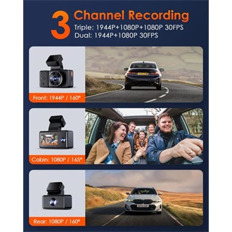 Vantrue Dash Cam - E3 (WiFi+GPS autóskamera első + hátsó+ belső, 1944p+2x1080p, WDR, HDR, 512GB MicroSD támogatás)