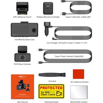 Vantrue Dash Cam - E3 (WiFi+GPS autóskamera első + hátsó+ belső, 1944p+2x1080p, WDR, HDR, 512GB MicroSD támogatás)