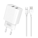 XO CE02C hálózati töltő 2 USB aljzat (10.5W, gyorstöltő + Type-C kábel) FEHÉR
