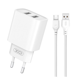 XO CE02C hálózati töltő 2 USB aljzat (10.5W, gyorstöltő + Type-C kábel) FEHÉR