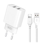 XO CE02C hálózati töltő 2 USB aljzat (10.5W + lightning kábel) FEHÉR