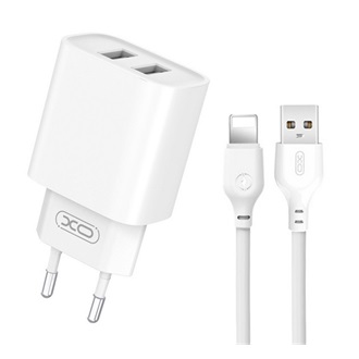 XO CE02C hálózati töltő 2 USB aljzat (10.5W + lightning kábel) FEHÉR