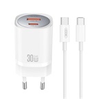XO CE21 hálózati töltő USB+Type-C aljzat (30W, GaN, PD gyorstöltő + Type-C kábel) FEHÉR