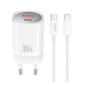 XO CE21 hálózati töltő USB+Type-C aljzat (30W, GaN, PD gyorstöltő + Type-C kábel) FEHÉR